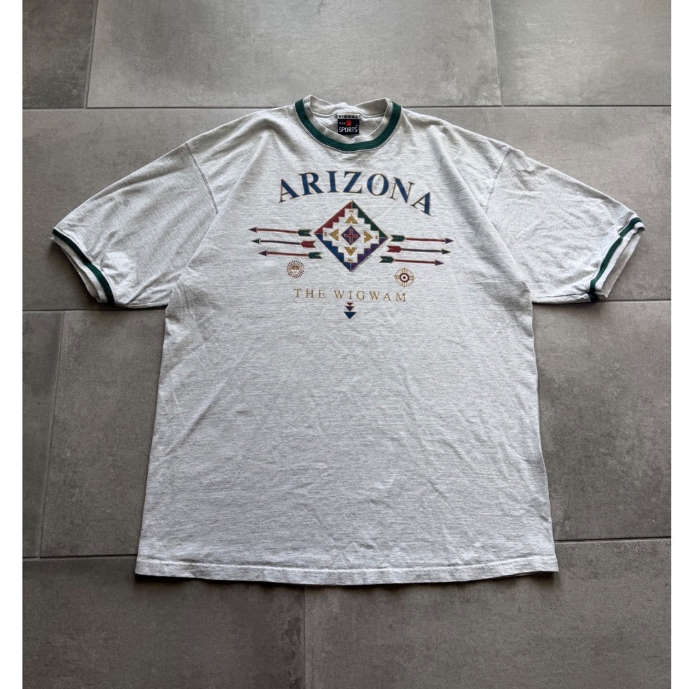 Vintage 90's Arizona The Wigwam Ringer T-Shirt Grey Green XL Signal Sports